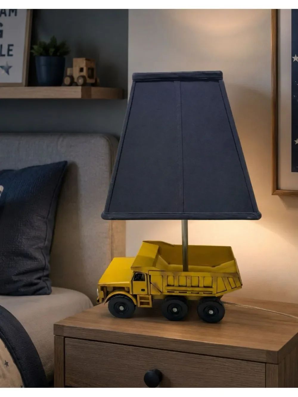 Vintage Pottery Barn Kids Yellow Dump Truck Lamp ~ Navy Shade